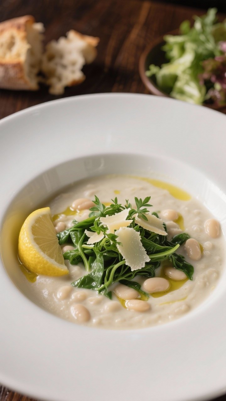 Final dish presentation: Restaurant-quality plated bowl of ultra-creamy white bean soup finished wit