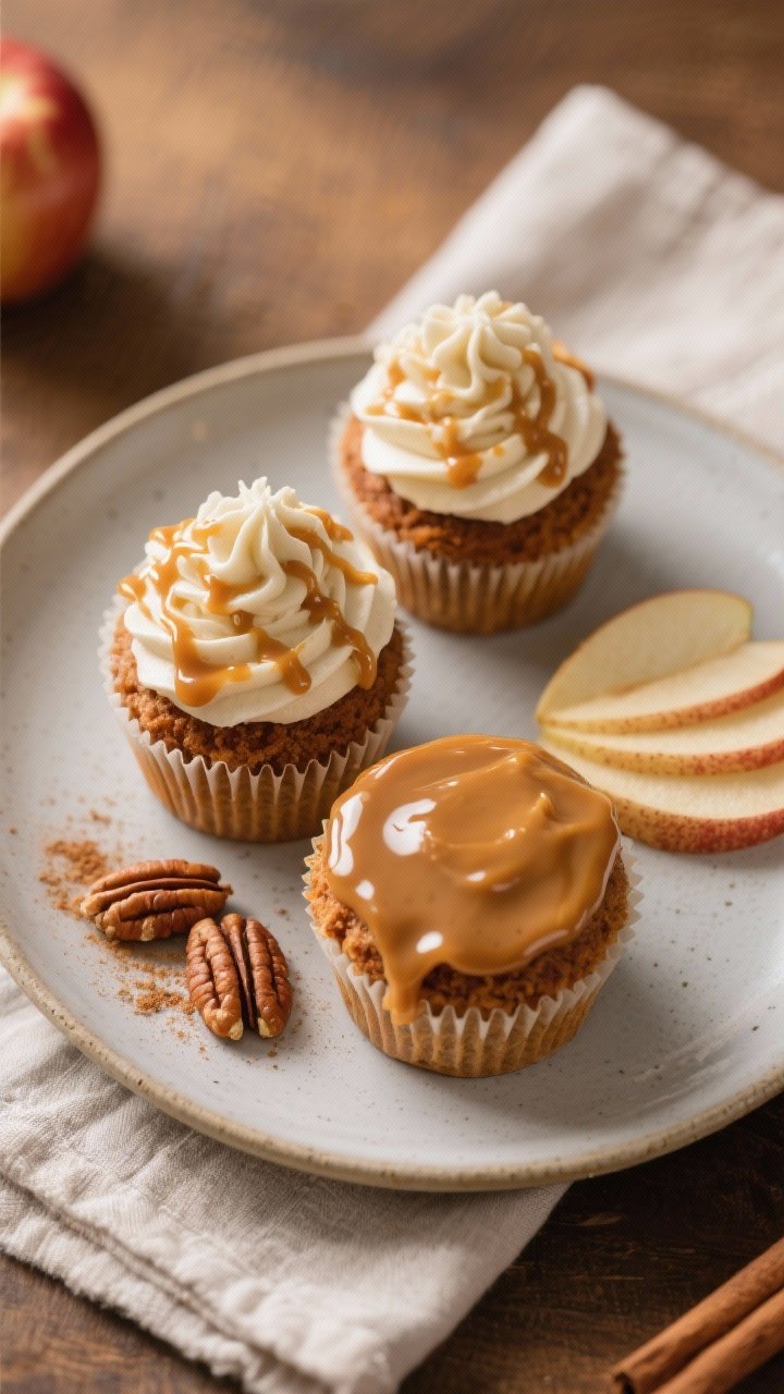 Final dish presentation: Restaurant-quality plated trio of caramel apple spice cupcakes on a matte c