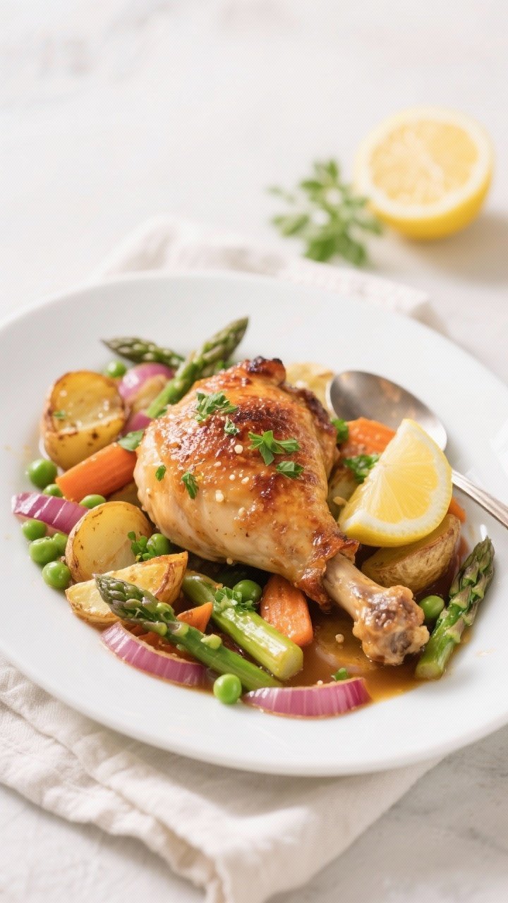 Final dish presentation: Restaurant-quality plating of Spring Vegetable Chicken Bake on a wide white