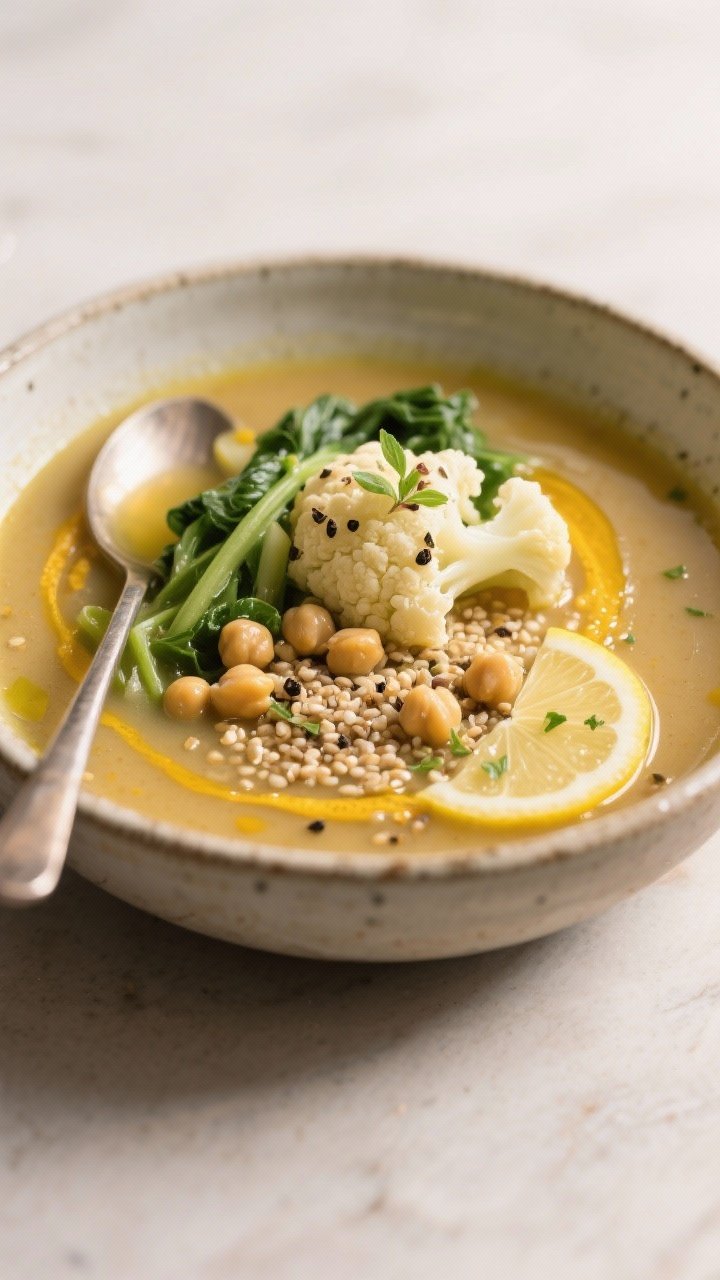 Final dish presentation: Restaurant-quality plating of Lemon Ginger Detox Veggie Soup made heartier 