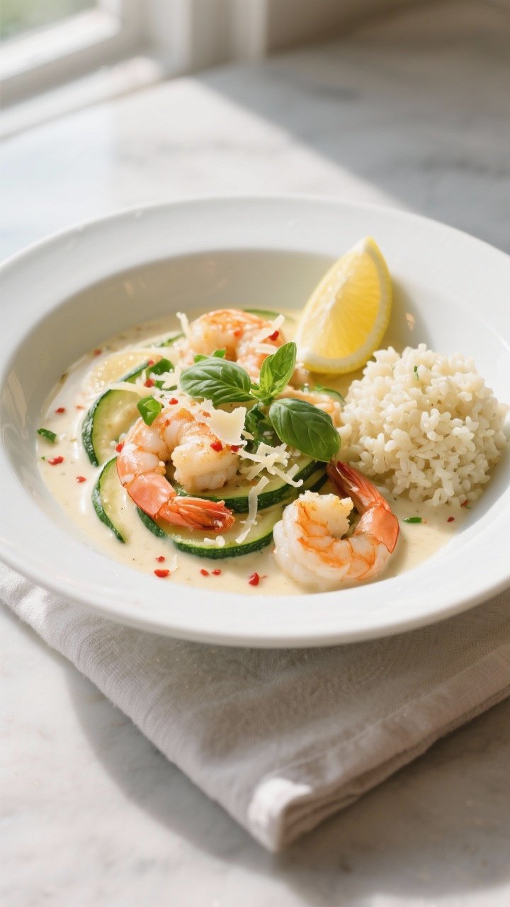 Final dish presentation: Restaurant-quality plating of creamy shrimp and zucchini served in a wide w