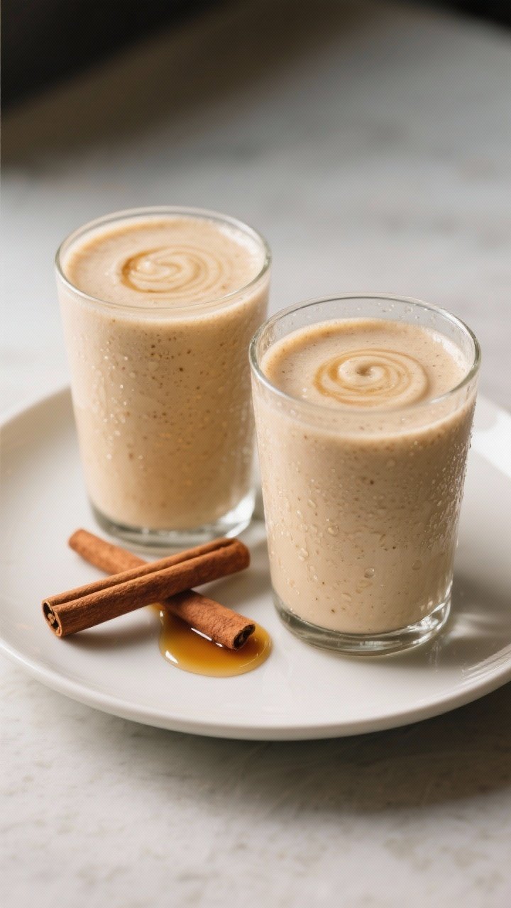 Final dish presentation: Restaurant-quality pour shot aftermath—two chilled smoothie glasses side 