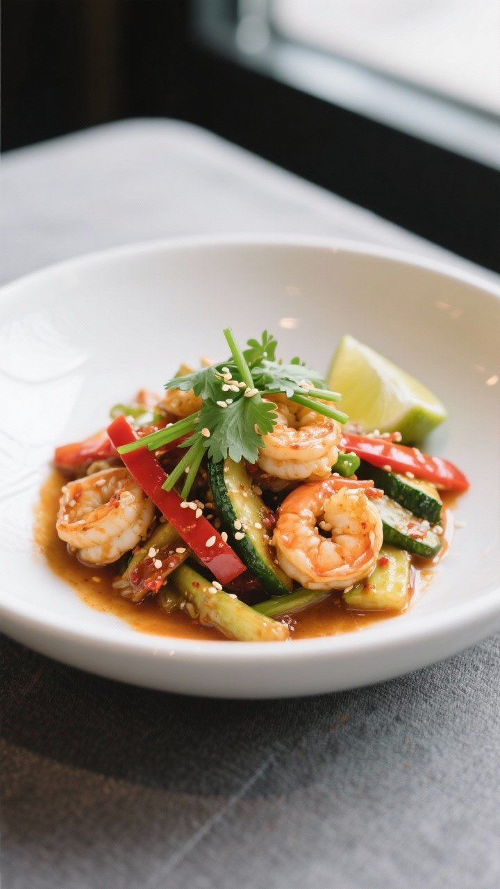 Final dish presentation: Spicy Shrimp & Zucchini Stir Fry plated in a wide, low white ceramic bowl;