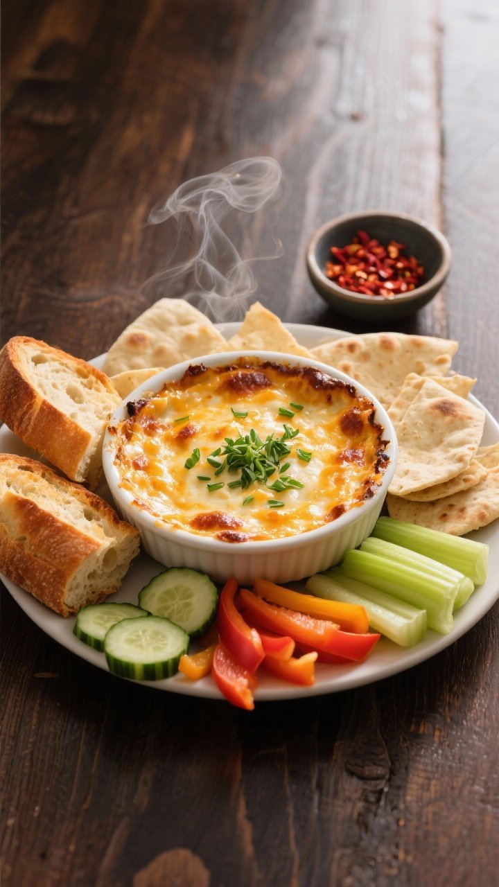 Final dish presentation: Tasty top-down platter scene of the baked Hot Three-Cheese Garlic Dip resti