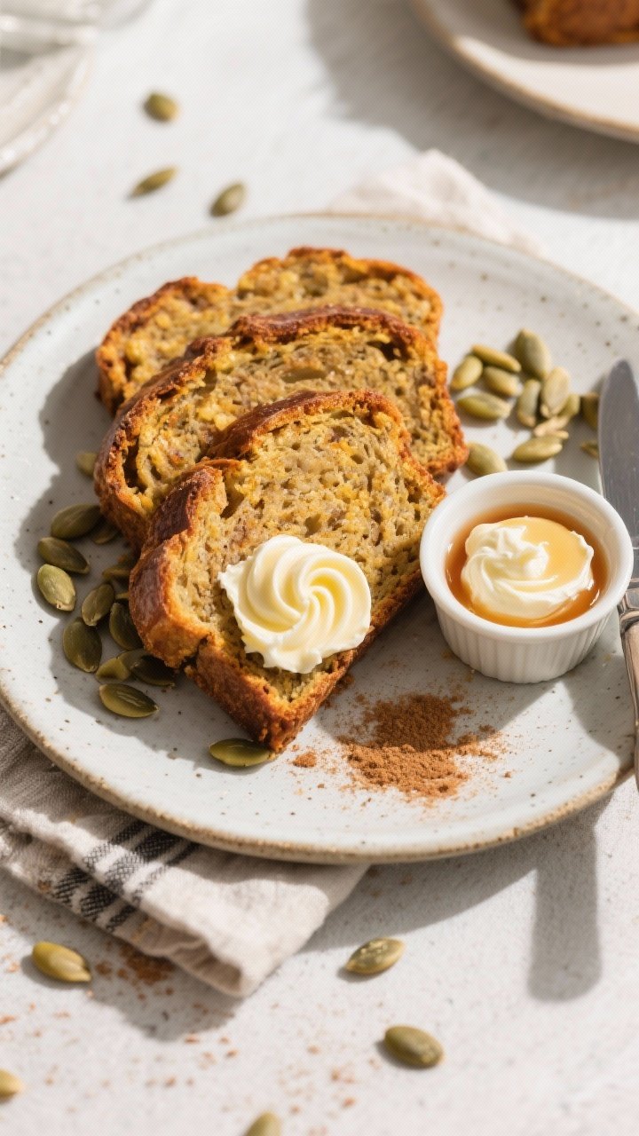 Final dish presentation: Toasted slices of pumpkin seed breakfast loaf on a ceramic plate, edges car