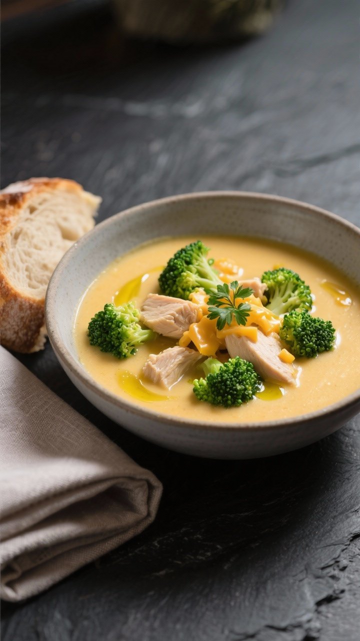 Final dish, restaurant-style presentation: Beautifully plated bowl of broccoli cheddar chicken varia