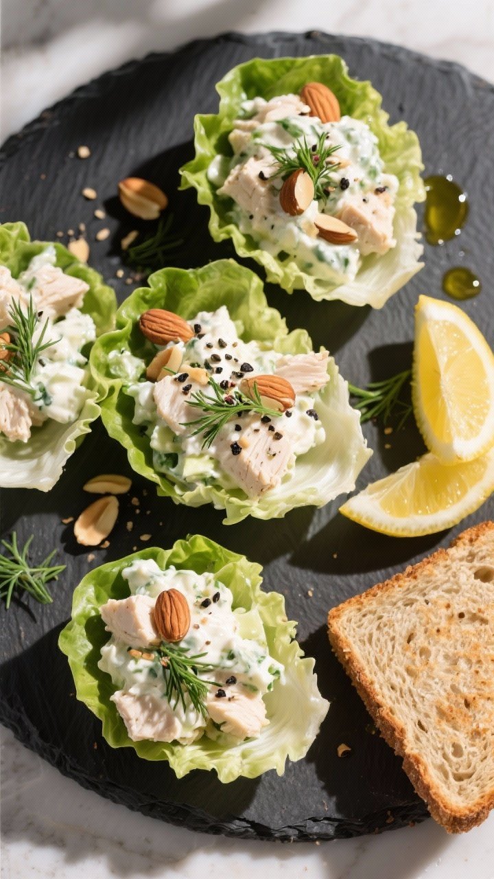 Final dish, tasty top view: Overhead shot of a finished Greek yogurt chicken salad served in crisp b