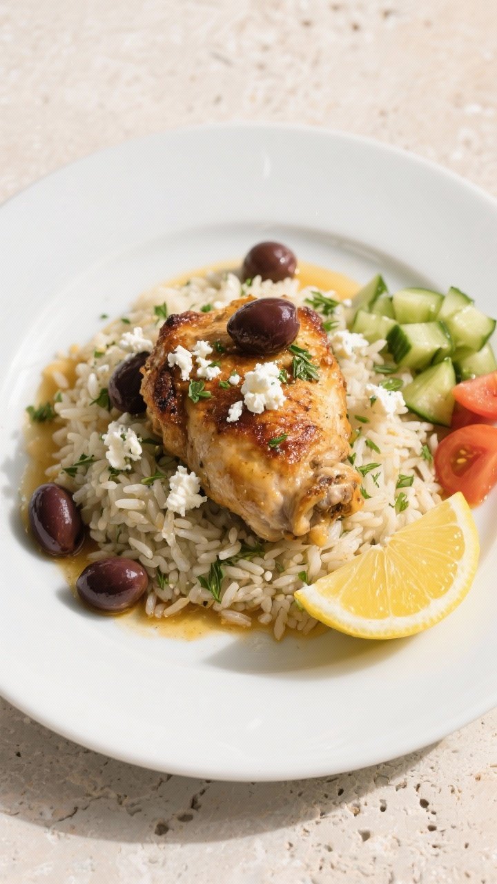 Final dish, tasty top view: Overhead shot of a plated Mediterranean Chicken Thighs with Lemon Herb R