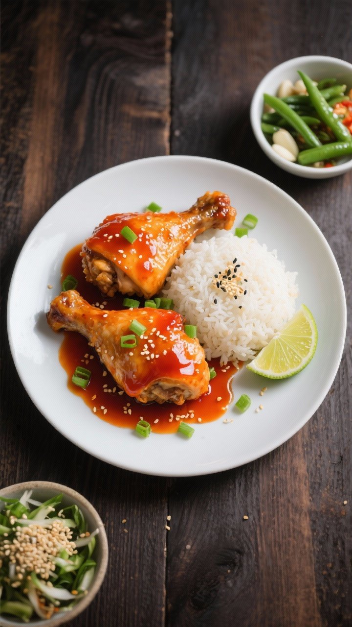 Final dish, tasty top view: Overhead shot of beautifully plated sweet chili chicken thighs on a matt