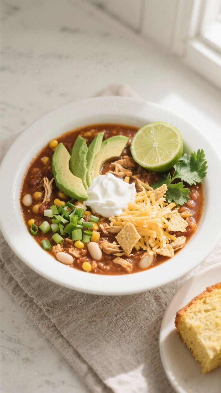 Final dish — top-down bowl with toppings: Overhead shot of a white, wide-rim bowl filled with Hear