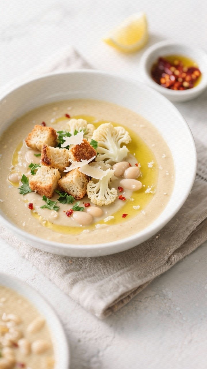 Final dish top view: Overhead shot of a bowl of Roasted Cauliflower & White Bean Soup, ultra-smooth 