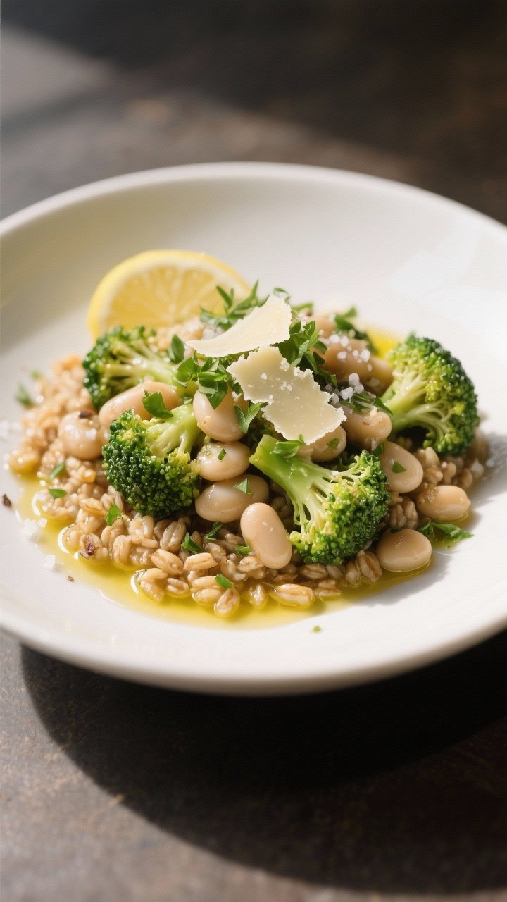 Final plated, : Beautifully plated serving of the Broccoli & White Bean Skillet in a wide, shallow w