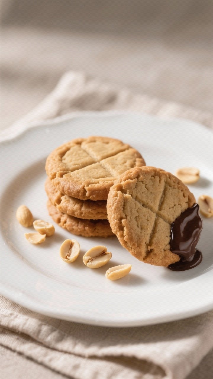 Final plated beauty: Close-up of 3–4 peanut butter cookies stacked and fanned on a simple white pl