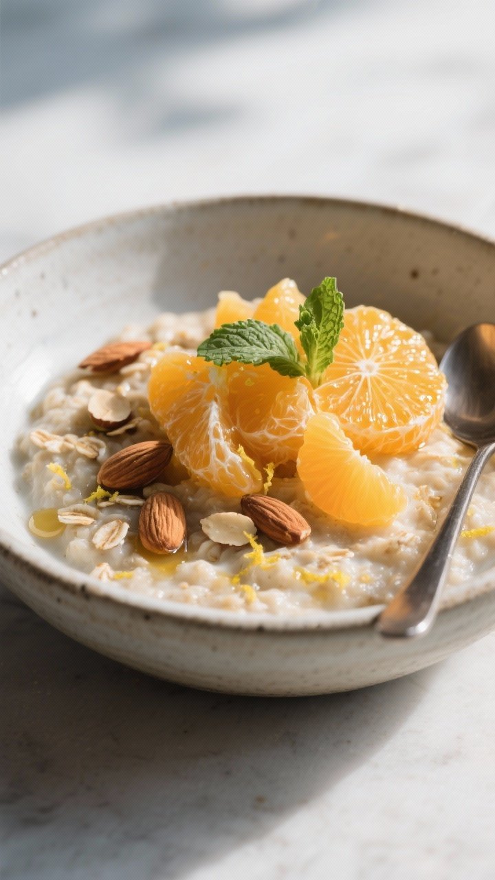 Final plated beauty: Restaurant-quality presentation of the finished Winter Citrus Oatmeal Bowl in a