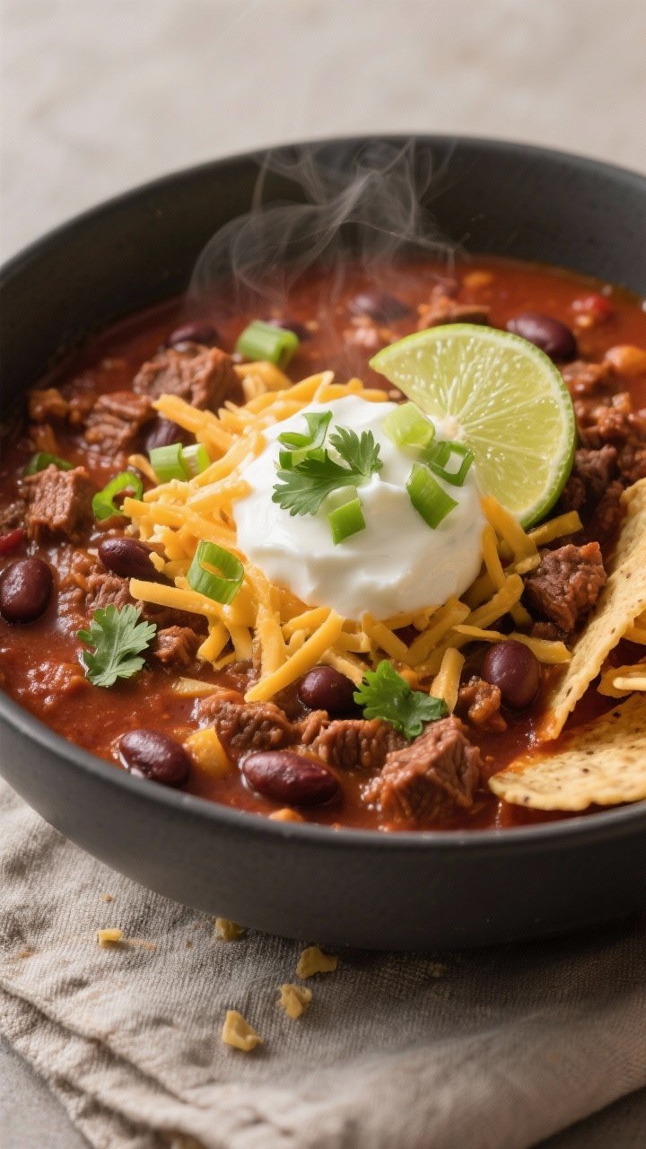 Final plated bowl: A generous bowl of beef and bean chili served hot and thick, garnished with a mel