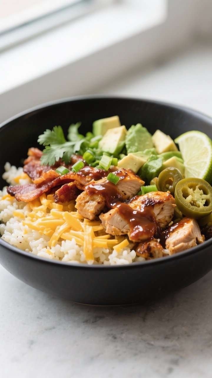 Final plated bowl beauty shot: Keto BBQ chicken bacon bowl assembled over buttery cauliflower rice i