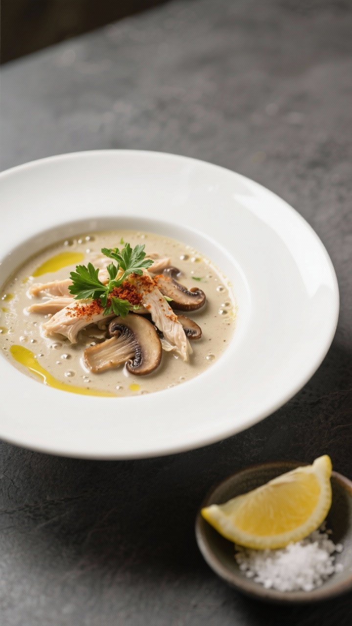 Final plated bowl — restaurant presentation: Beautifully plated bowl of creamy mushroom chicken ke