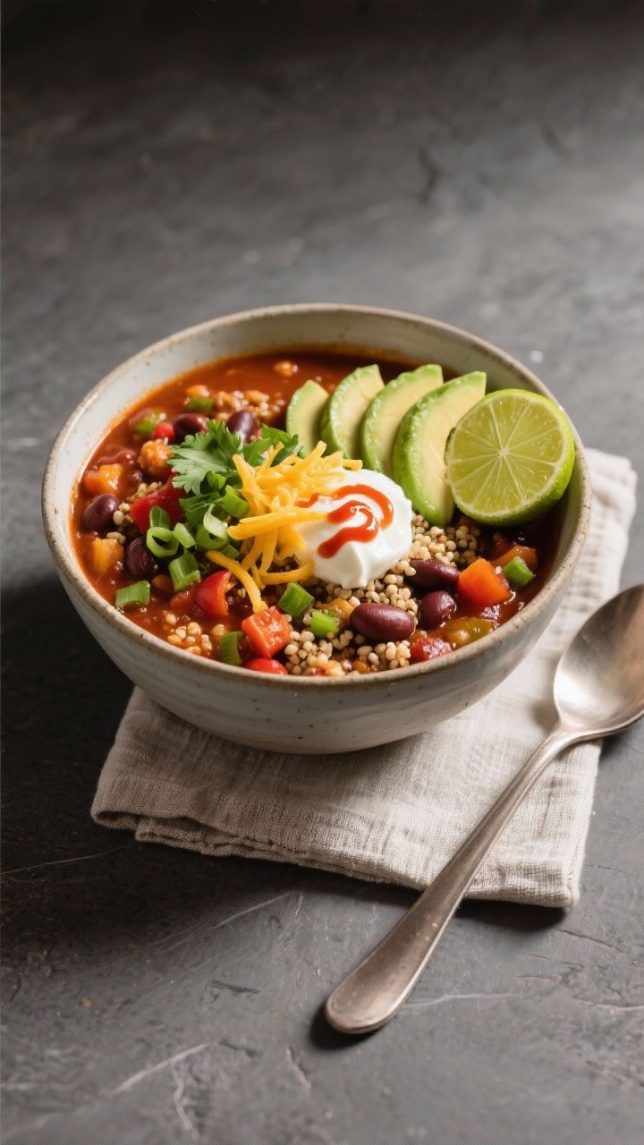 Final plated bowl, restaurant-quality: A deep ceramic bowl of protein-packed veggie chili, richly th