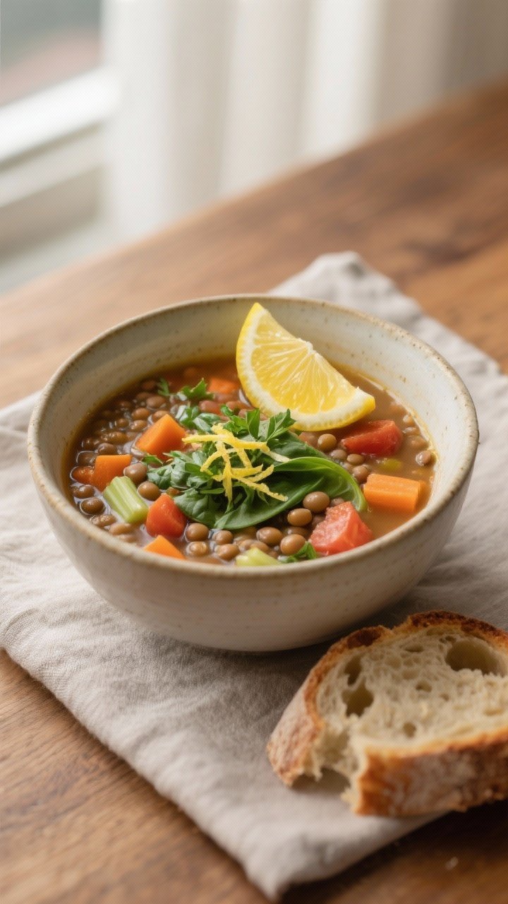 Final plated bowl, restaurant-quality presentation: A ceramic bowl of lentil vegetable soup finished