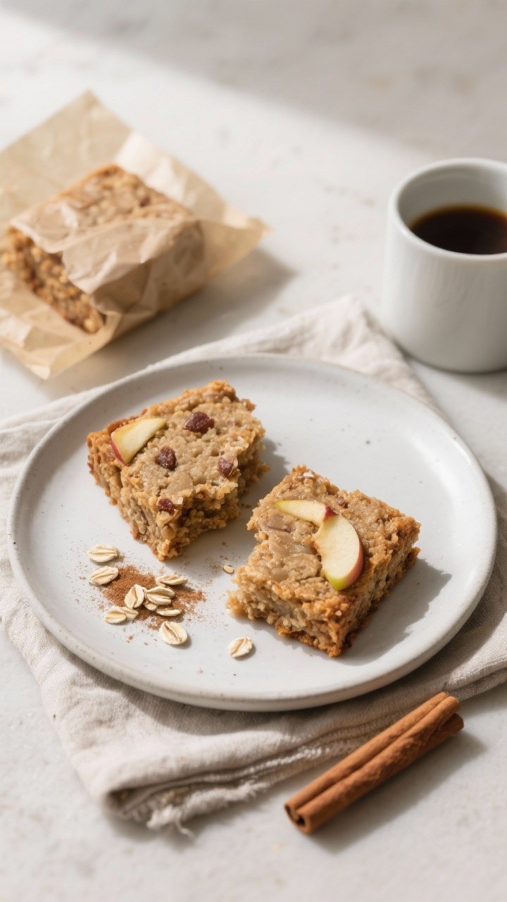 Final plated breakfast scene: two Apple Cinnamon Bran Breakfast Squares on a matte white plate, one