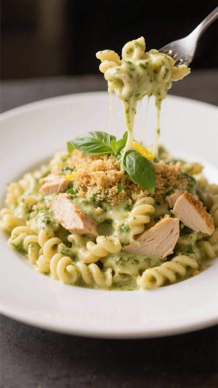 Final plated close-up: A generous scoop of Chicken Pesto Mac & Cheese on a matte white plate, curls