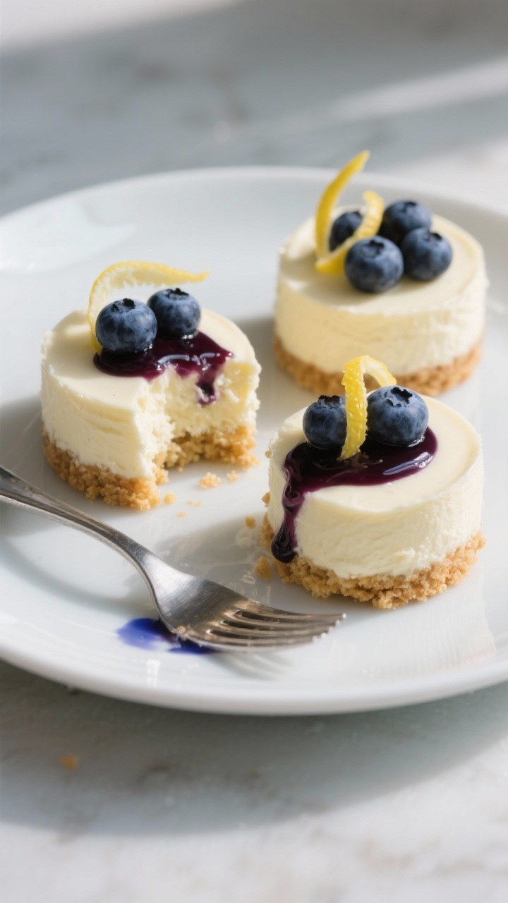 Final plated dessert shot: Two unwrapped blueberry cheesecake cupcakes on a matte white dessert plat