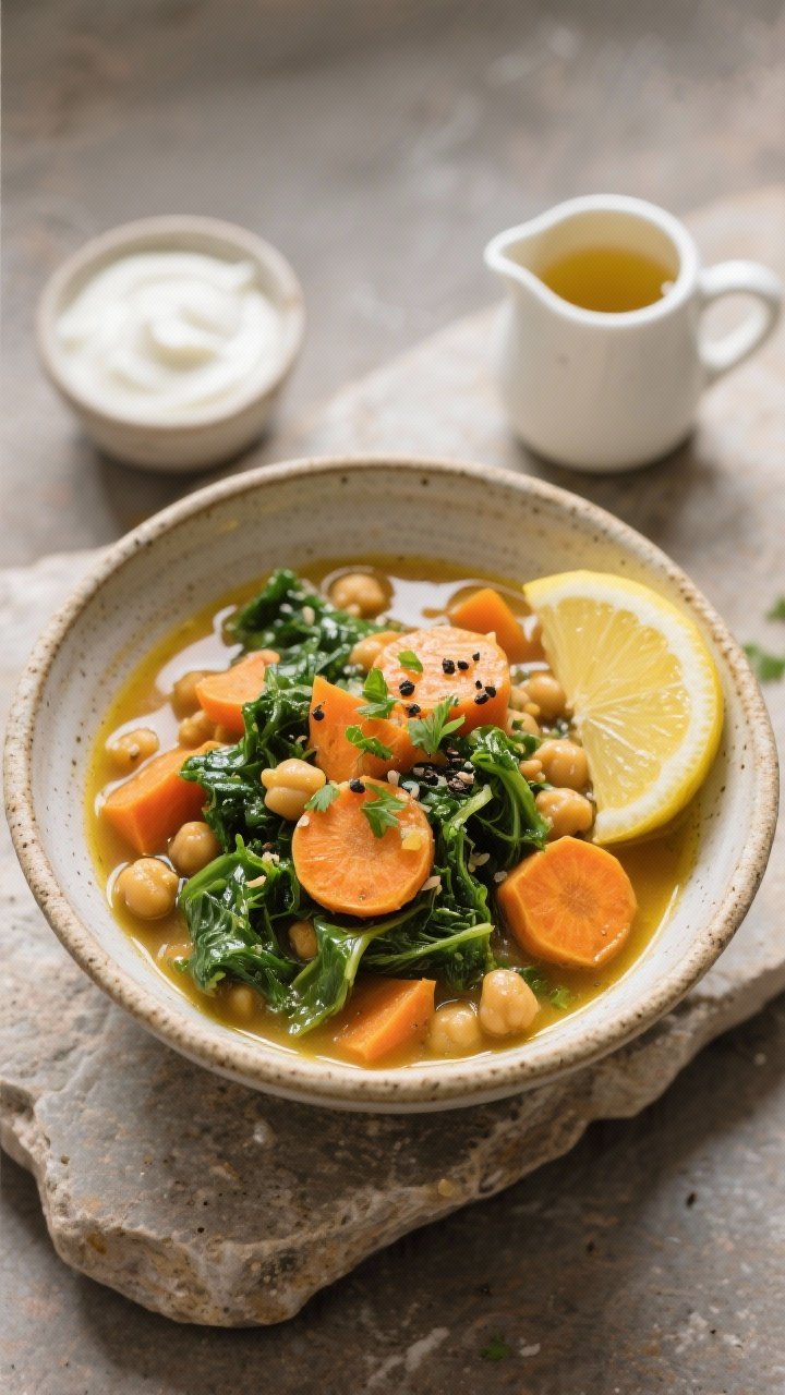 Final plated dish: A rustic ceramic bowl of Cozy Cleansing Sweet Potato & Kale Detox Stew plated for