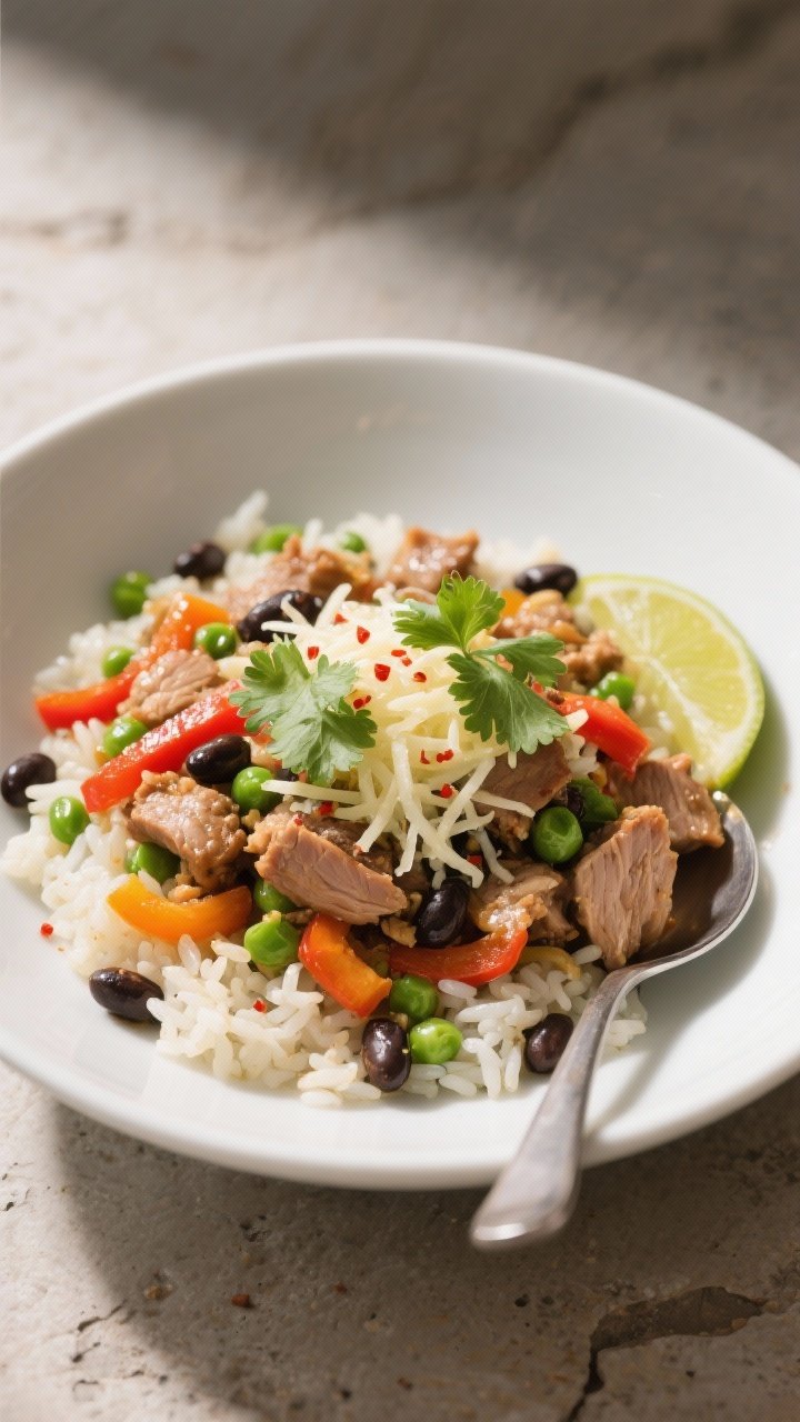 Final plated dish, : Beautifully plated bowl of one-pan rice dinner with extra protein add-ins—flu
