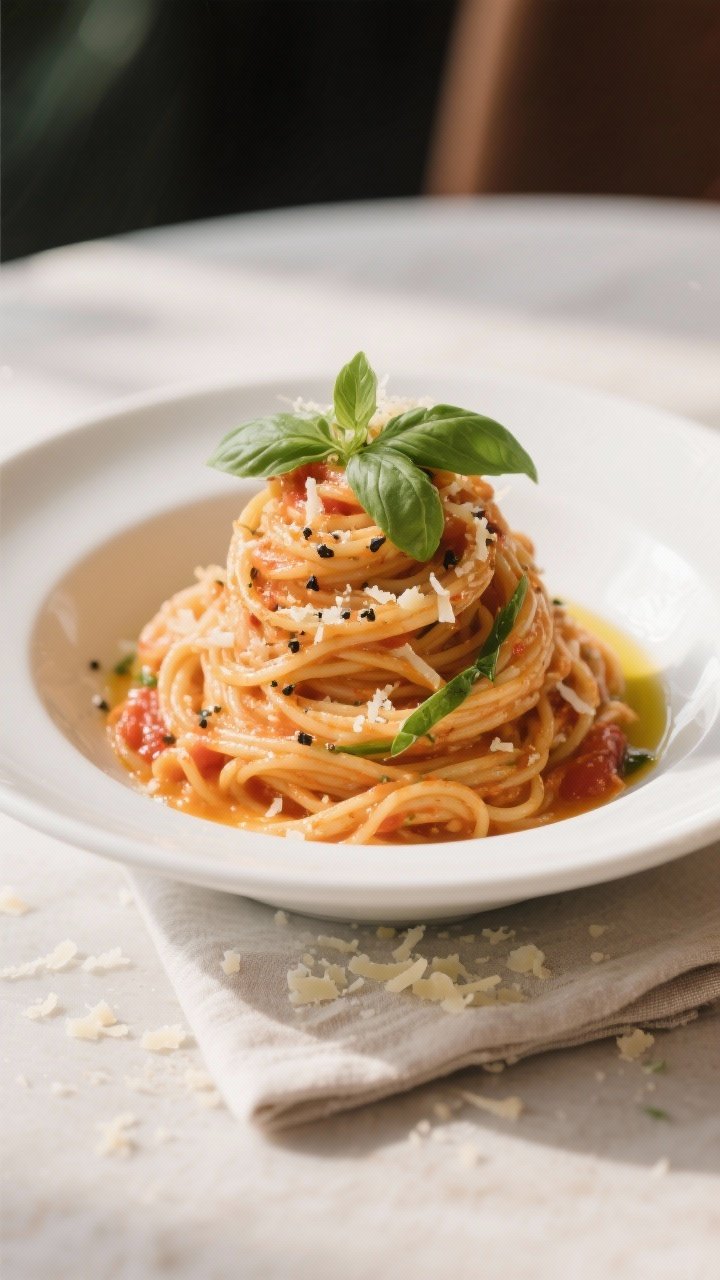 Final plated dish: Beautifully plated creamy tomato basil spaghetti twirled into a tall nest in a wi