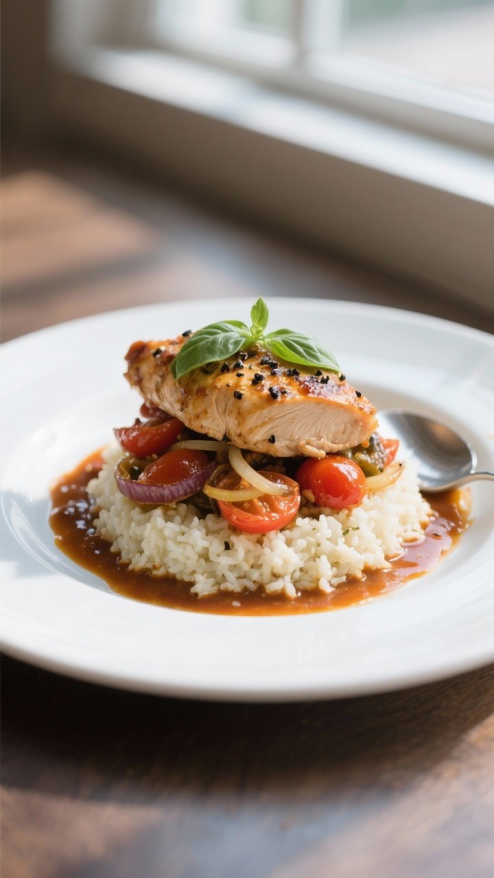 Final plated dish: Beautifully plated portion of Budget High-Protein Italian Chicken & Tomato Skille