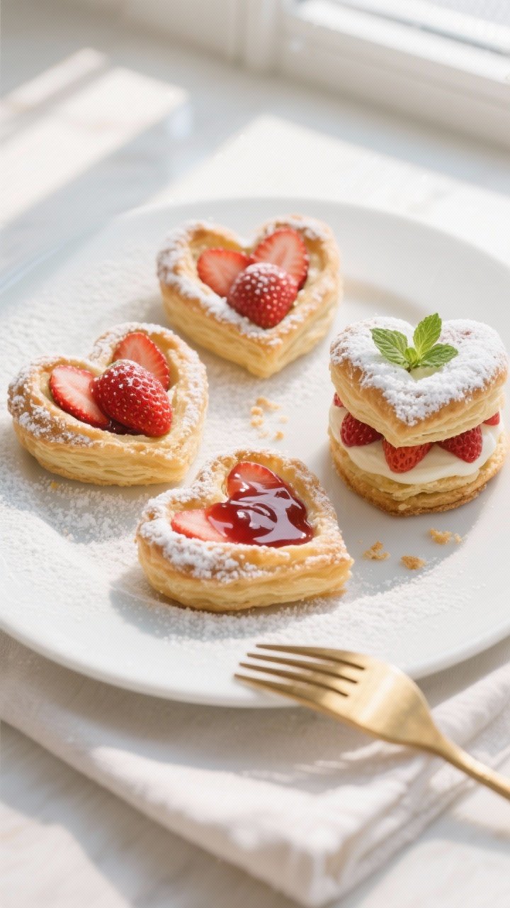 Final plated dish: Beautifully plated Strawberries & Cream Puff Pastry Hearts arranged as individual