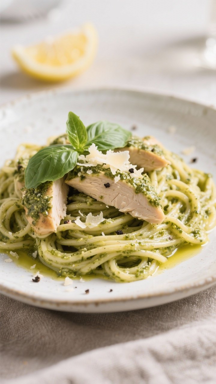 Final plated dish: Beautifully twirled nest of creamy pesto chicken spaghetti in a shallow white bow