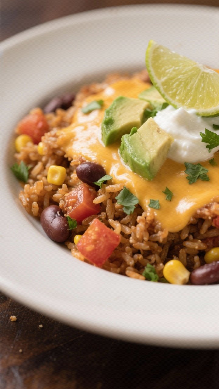 Final plated dish, close-up detail: A generous scoop of the Tex-Mex rice bake served in a wide shall