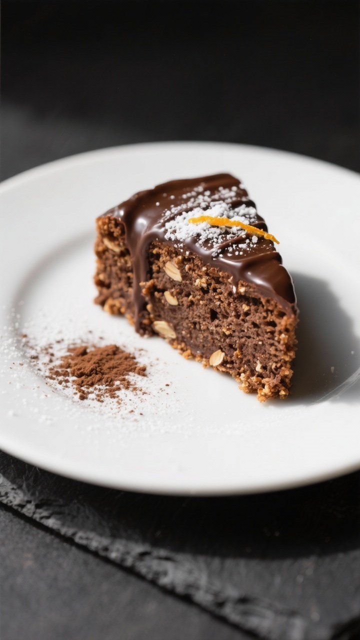 Final plated dish: Elegant slice of vegan almond flour chocolate cake on a matte white dessert plate