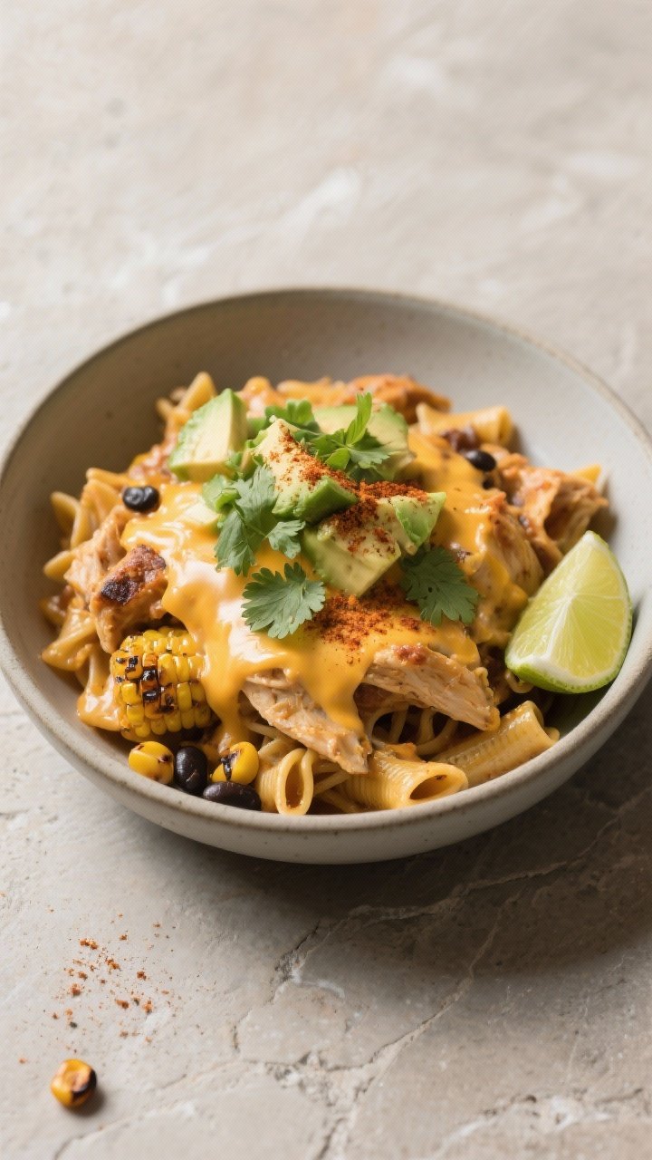 Final plated dish portrait: Restaurant-quality plating of a generous bowl of chicken enchilada pasta