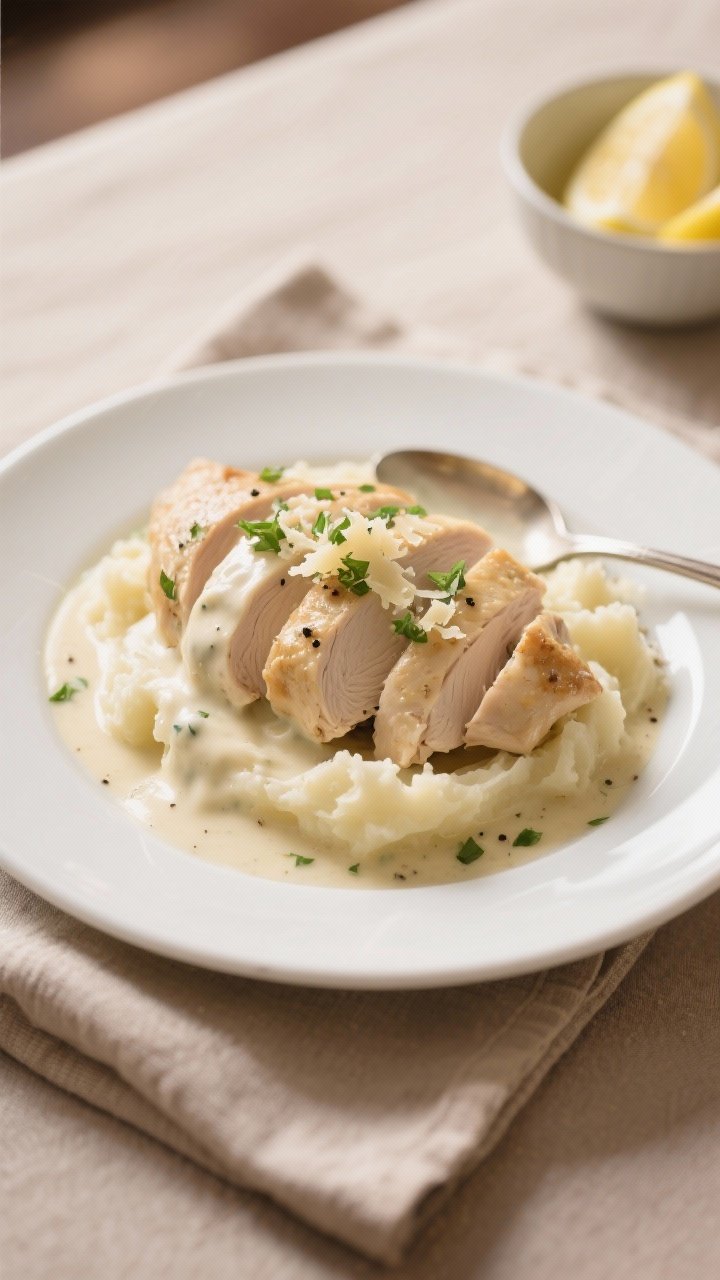 Final plated dish, restaurant presentation: Sliced crockpot chicken in rich white wine cream sauce s