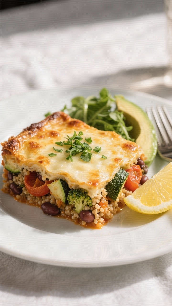 Final plated dish, restaurant-quality: A generous square of the baked high-protein bean & veggie cas