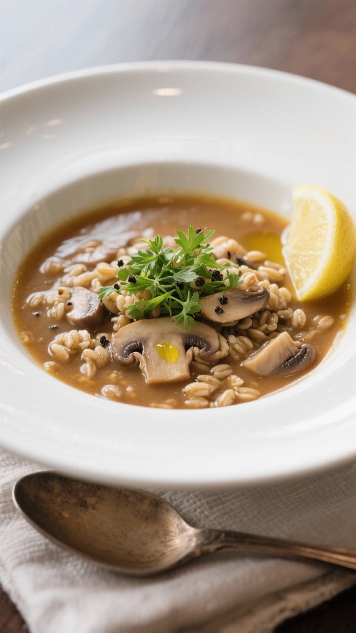Final plated dish, restaurant-quality: Beautifully ladled bowl of mushroom barley soup in a white sh