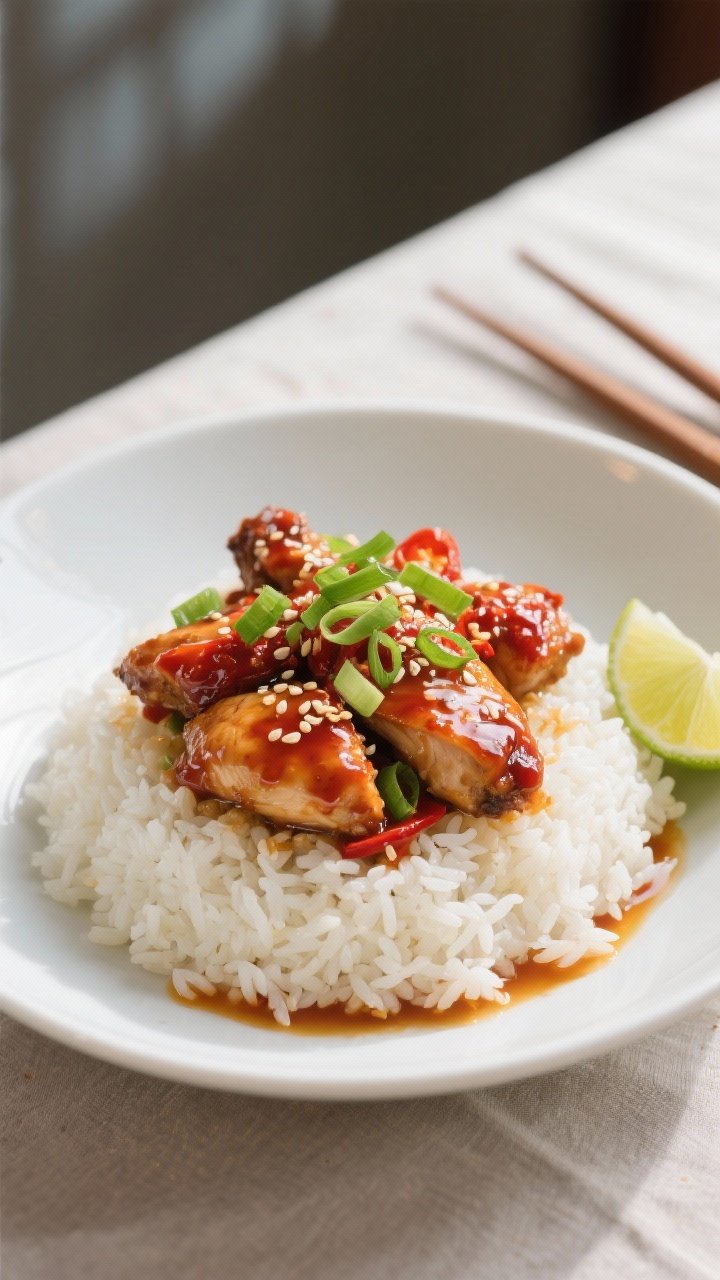 Final plated dish, restaurant-quality: Chili Garlic Chicken over a mound of fluffy jasmine rice in a