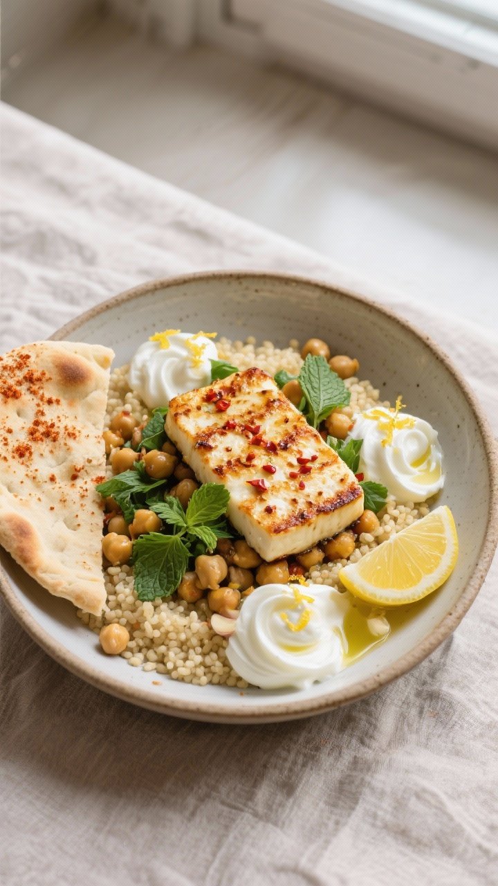 Final plated dish: Restaurant-quality plating of Baked Halloumi with Chickpeas & Lemon served in a w