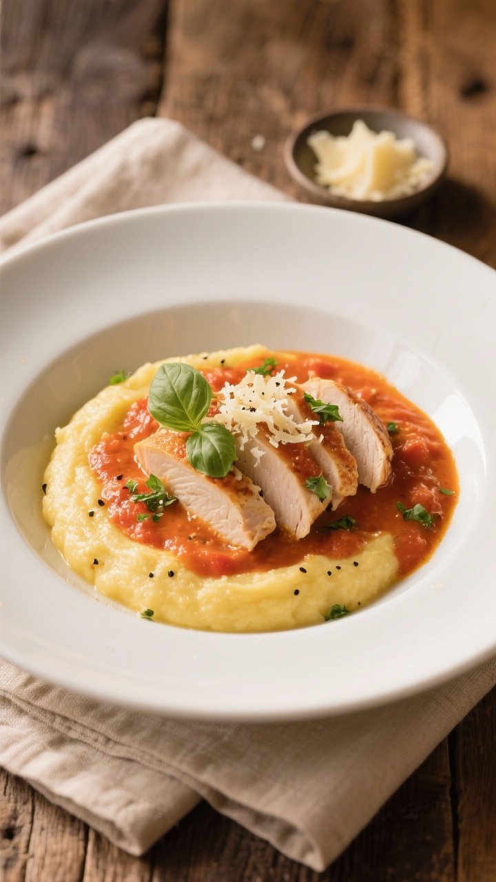 Final plated dish, restaurant-quality presentation: Sliced chicken breast in savory tomato cream sau