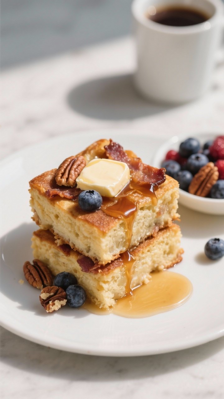 Final plated dish: Restaurant-quality presentation of two neatly cut squares of Maple Bacon Pancake 