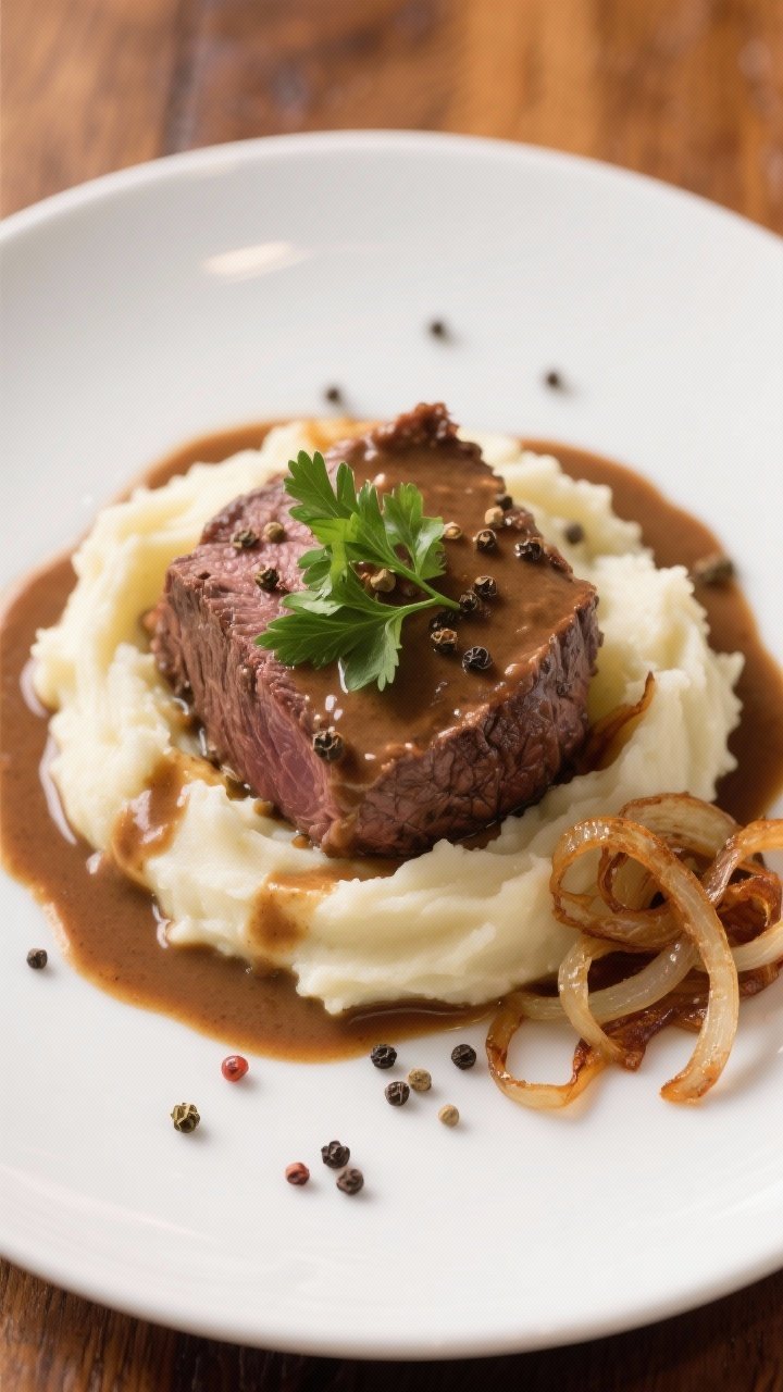 Final plated dish: Restaurant-quality presentation of the beef roast over pillowy mashed potatoes, g