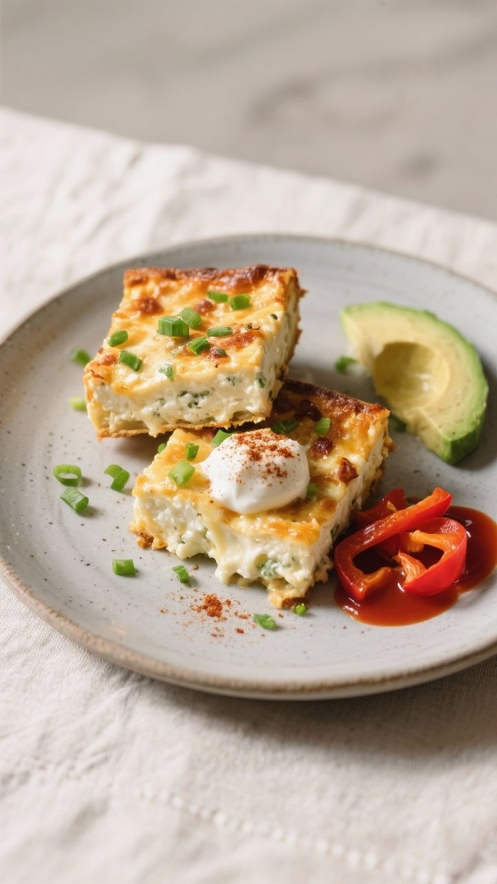 Final plated dish: Restaurant-quality presentation of sliced Savory Cottage Cheese Breakfast Bake, t