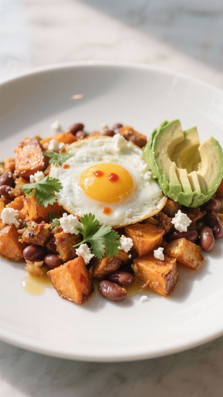 Final plated dish: Restaurant-quality presentation of sweet potato breakfast hash with beans on a wi