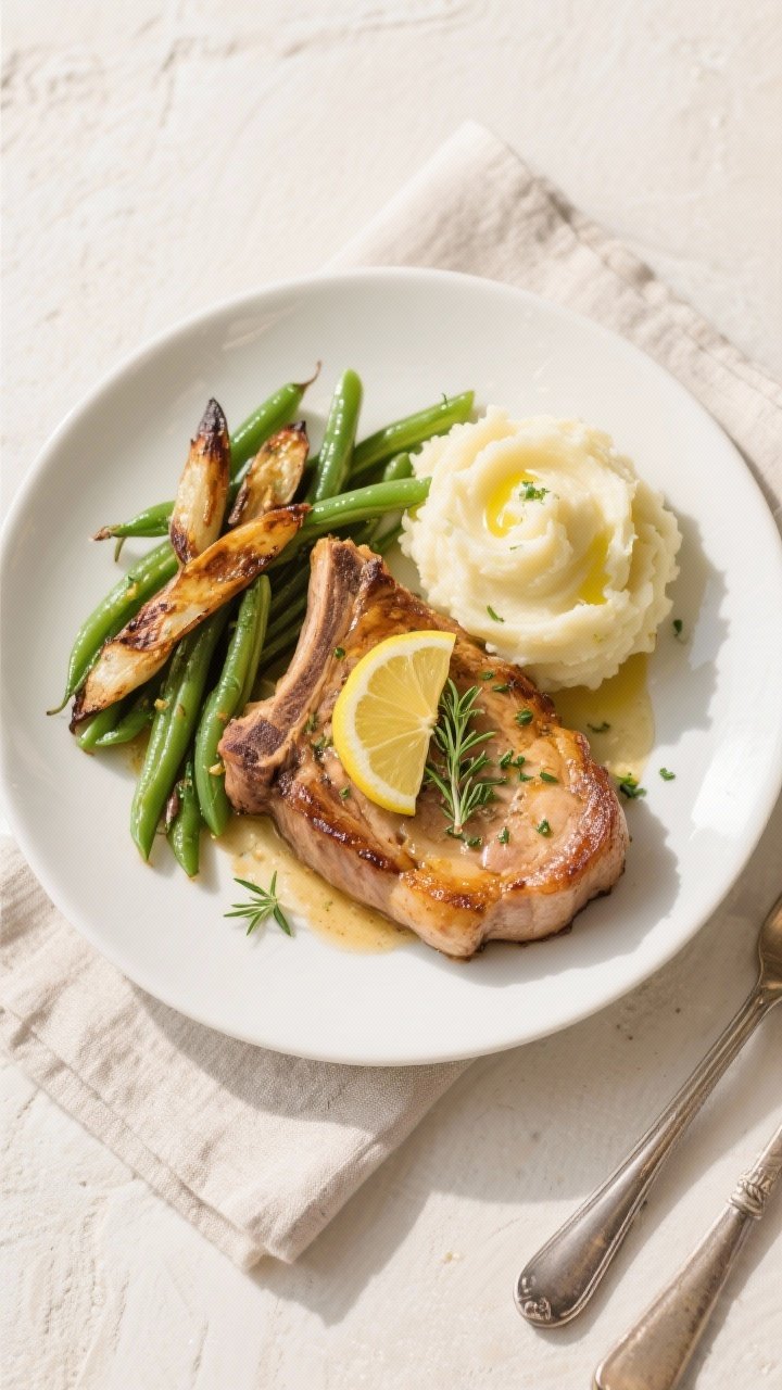 Final plated dish: Restaurant-quality presentation of air fryer pork chops on a warm white plate, fi