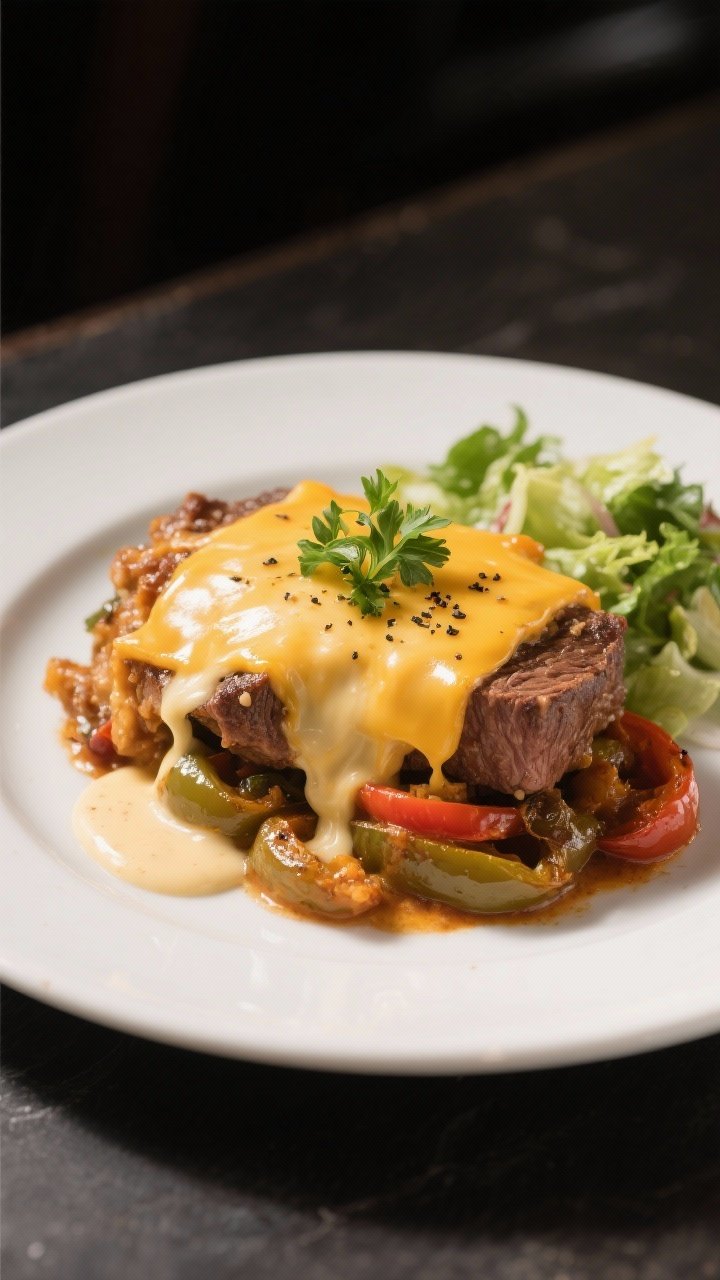 Final plated dish: Restaurant-quality presentation of a generous scoop of the casserole on a matte w