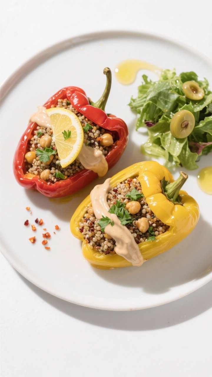 Final plated dish shot: Restaurant-quality presentation of two stuffed peppers (one red, one yellow)