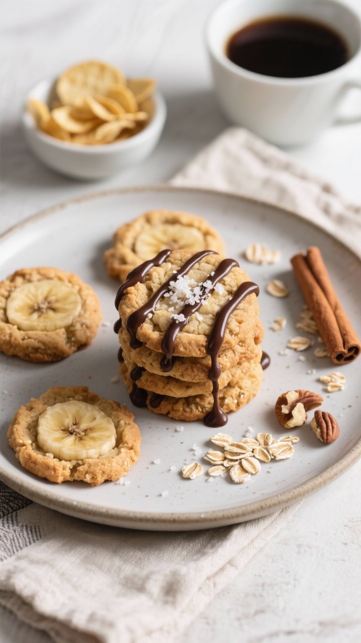 Final plated dish, tasty top view: Overhead shot of a small stack of banana oat cookies on a matte c