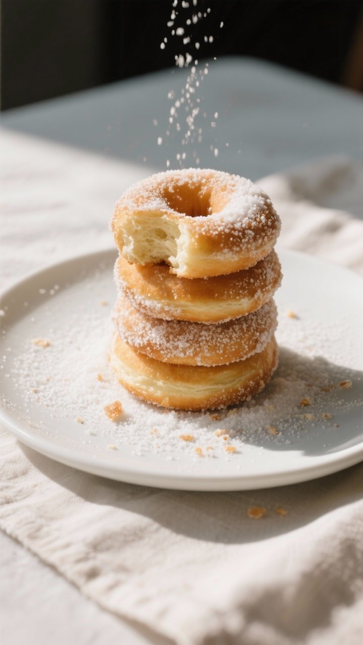 Final plated hero image: beautifully stacked sourdough discard sugar donuts on a matte white plate, 